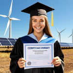 **

"Triumphant renewable energy professional, graduation cap, holding certification document, smiling, solar panels and wind turbines in the background, sunny day, bright future, sustainable energy career."

**