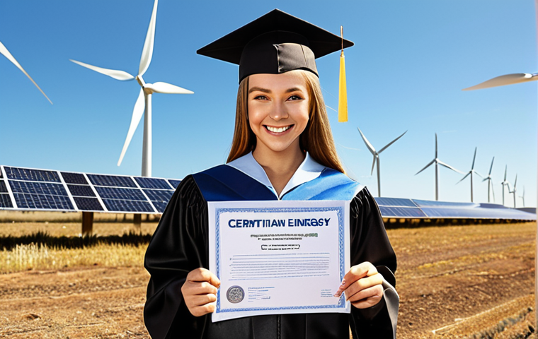 **
"Triumphant renewable energy professional, graduation cap, holding certification document, smiling, solar panels and wind turbines in the background, sunny day, bright future, sustainable energy career."
**