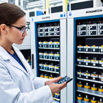 **Prompt 1:** A specialist in energy storage systems working in a modern laboratory, surrounded by batteries, diagrams, and advanced equipment. Focus on the technological innovation and the role of this expert in ensuring a stable energy future. Style: Clean, futuristic, and professional.